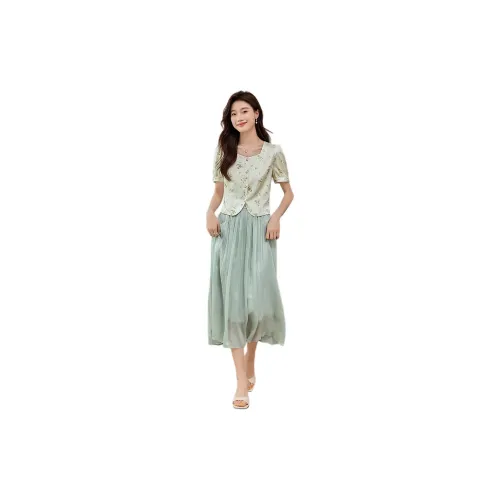 SLLSKY Two Piece Skirt Sets Women's Feather Satin Colored Glaze