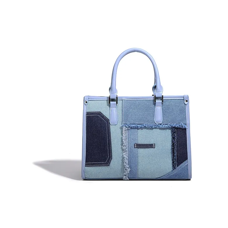 TTaG．baG Denim With PU Panel Handbag, Shoulder Bag Women's Black/Light Blue-5