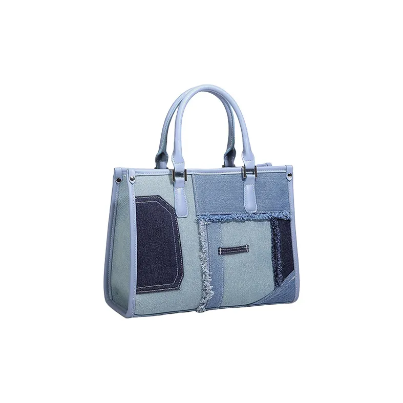 TTaG．baG Denim With PU Panel Handbag, Shoulder Bag Women's Black/Light Blue-1