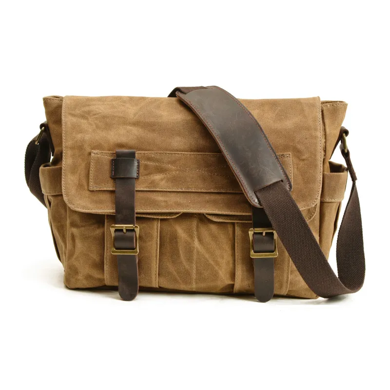 TTaG．baG Oilwax Canvas With Top Grain Cow Leather Canvas Bag Crossbody Bag Men's Khaki/Green/Black/Dark Gray-0