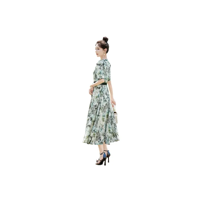 Cypress House Short Sleeved Dress Women's Beige With Blue Green Print-1