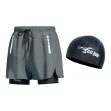 Gray Swimming Shorts+Blue Swimming Cap