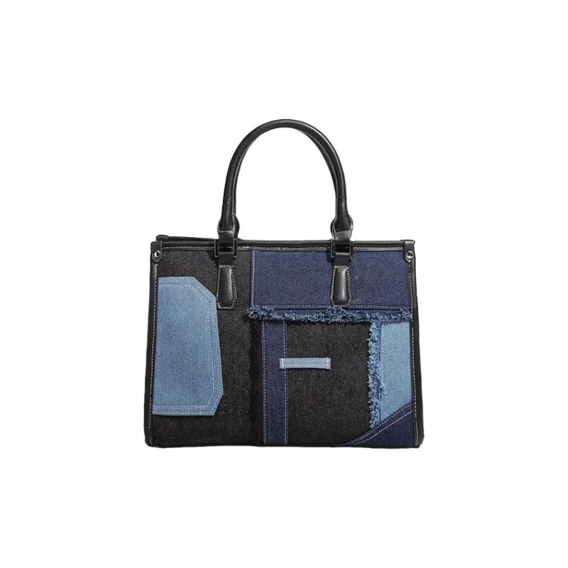 TTaG．baG Denim With PU Panel Handbag, Shoulder Bag Women's Black/Light Blue-0