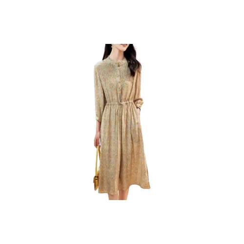 Yi Mengyuan Long-Sleeved Dresses Women's Golden Waistnut