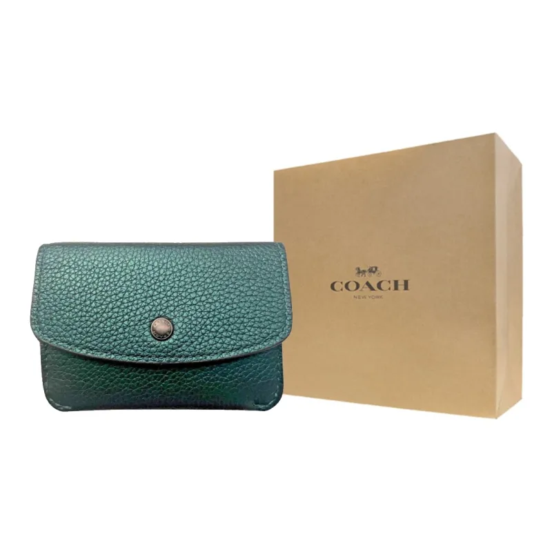 COACH Card Case Pebbled Leather Coin Purse, Wallet, Card Holder Mini Women's Green-4