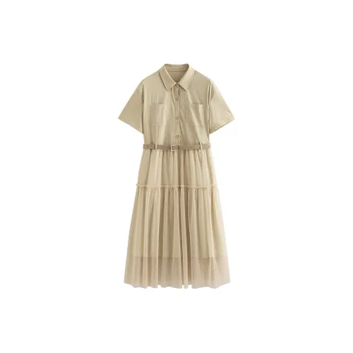 Initial language Short-Sleeved Dresses Women's Khaki Apricot