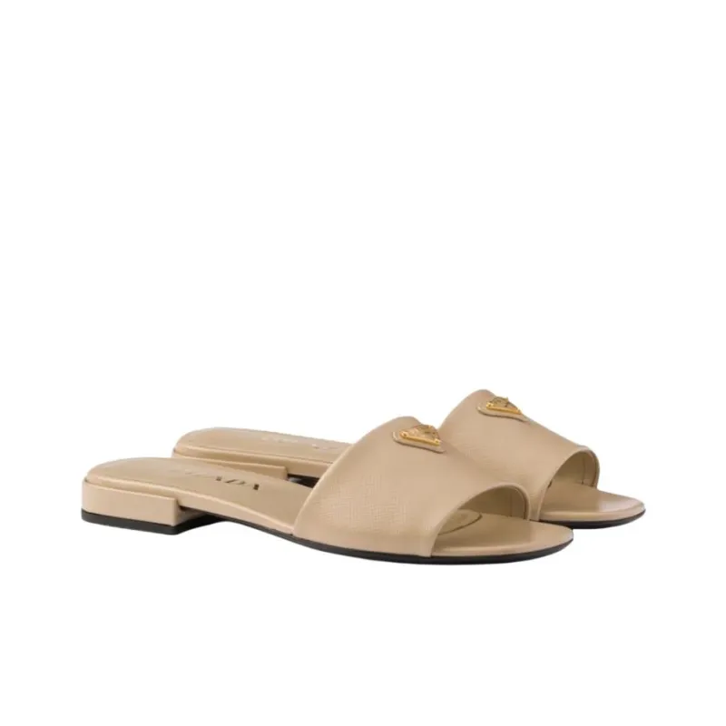 PRADA Saffiano Slide Slippers Women's Beige-2