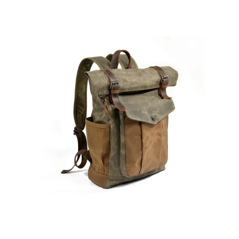 TTaG．baG Top Grain Cow Leather With Shellac Canvas Backpack Men's Dark Gray/Coffee/Military Green Gray Green/Lake Green-5