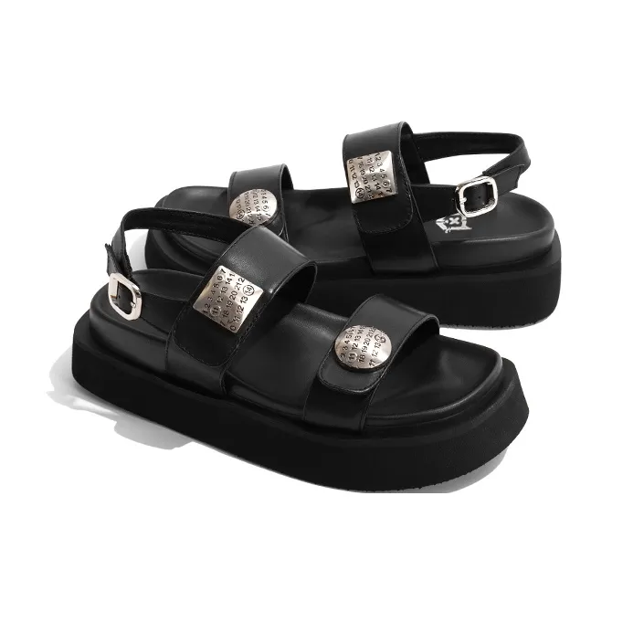 Old Meow Vintage Versatile Flat Outerwear, One Strap Sandals 4cm Women's Black-2