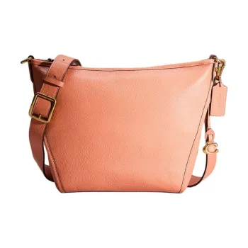 COACH Dufflette Polished Pebbled Leather Shoulder Bag Crossbody Bag Medium Size Women's Brass With Light Coral Accents