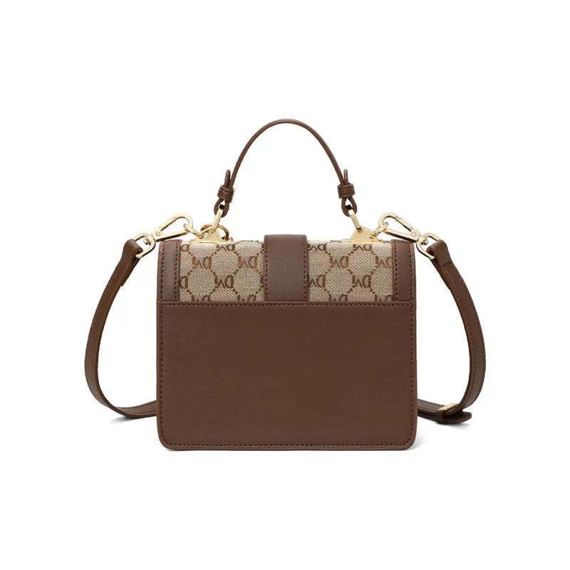 Kevin Cohen Fabric, Synthetic Leather Small Square Bag, Handbag, Shoulder Bag, Crossbody Bag Regular Women's Dark Brown-2