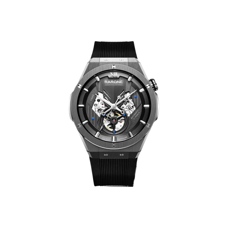 RARONE Gemini Little Twin Stars K Knight Mechanical Movement Silicone Strap Watch Men's Watches Black Dial-0