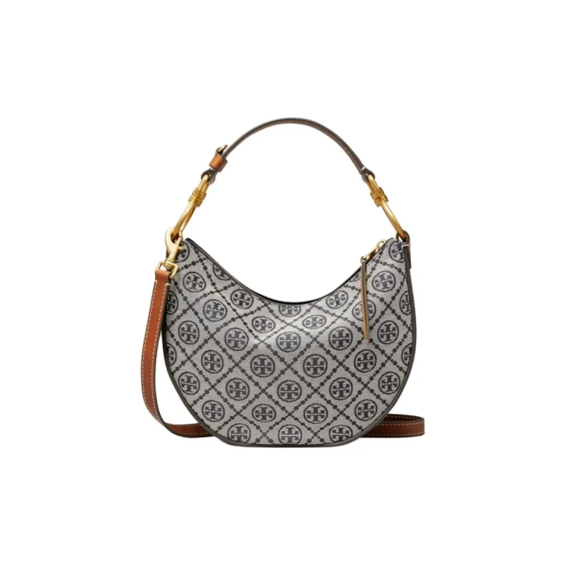 TORY BURCH T Monogram Jacquard Leather Trim Crescent Bag, Shoulder Bag, Crossbody Bag, Handbag Mini Women's Marine Blue-2