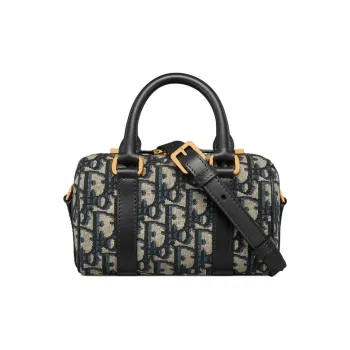 DIOR Grained Cow Leather With Fabric Boston Bag Handbag Shoulder Bag Crossbody Bag Mini Women's Blue Black