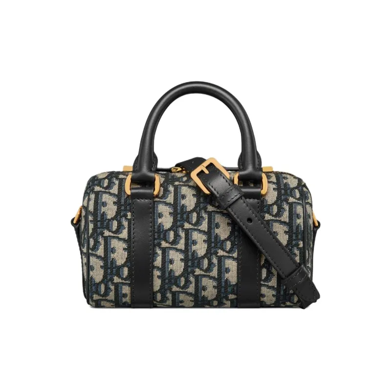 DIOR Grained Cow Leather With Fabric Boston Bag Handbag Shoulder Bag Crossbody Bag Mini Women's Blue Black-0