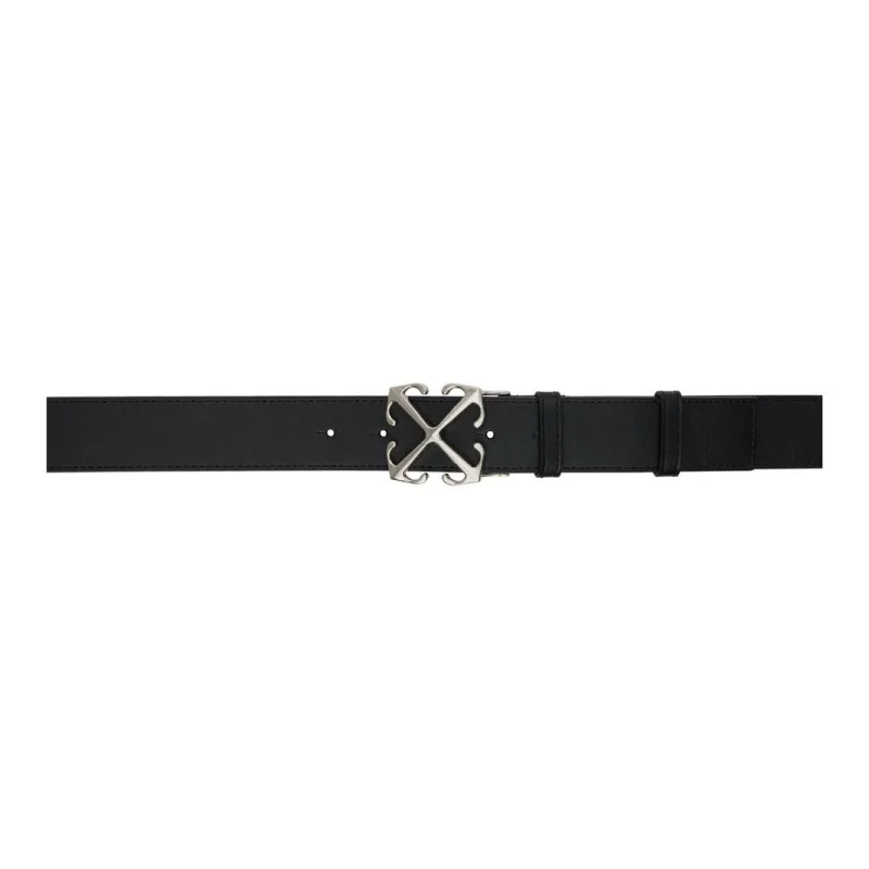 OFF-WHITE Smooth Buckle Design Calfskin Leather Belts Men's Black Width: 4CM-0