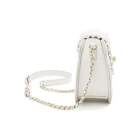 Ancient Yi Xi Cow Leather Niche Pearl One Shoulder Premium Chain Crossbody Bag Women's Ecru-3