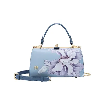 Ancient Yi Xi Cow Leather Cheongsam Hanfu Clip Gold Handbag, Mother Crossbody Bag Women's Sunny Mountain Blue