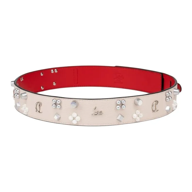 CL LUBOTING Leche Grained Design Calfskin Leather Belts Women's Beige Width 3.5CM-1