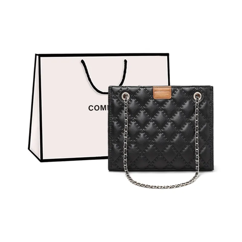 COMELY Cow Leather With Synthetic Leather Chain Bag, Tote Bag, Shopping Bag, Shoulder Bag Medium Size Women's Black-0