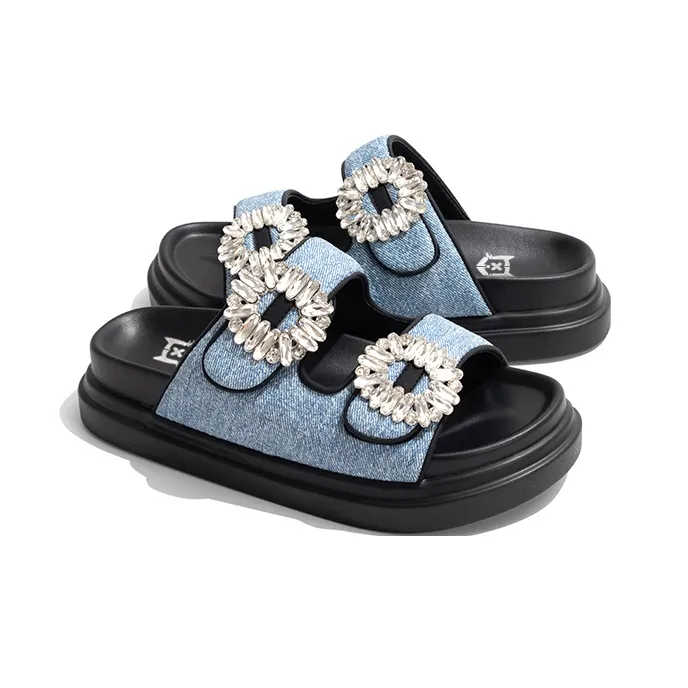 Old Meow Square Diamond Cowboy Thick Sole Slide Slippers 4cm Women's Blue-2