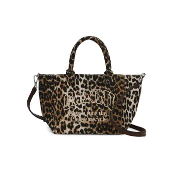GANNI Recycled Cotton Tote Bag Shopping Bag Shoulder Bag Crossbody Bag Handbag Small Size Women's Leopard Print