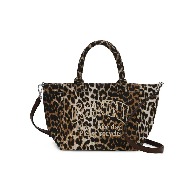 GANNI Recycled Cotton Tote Bag Shopping Bag Shoulder Bag Crossbody Bag Handbag Small Size Women's Leopard Print-0