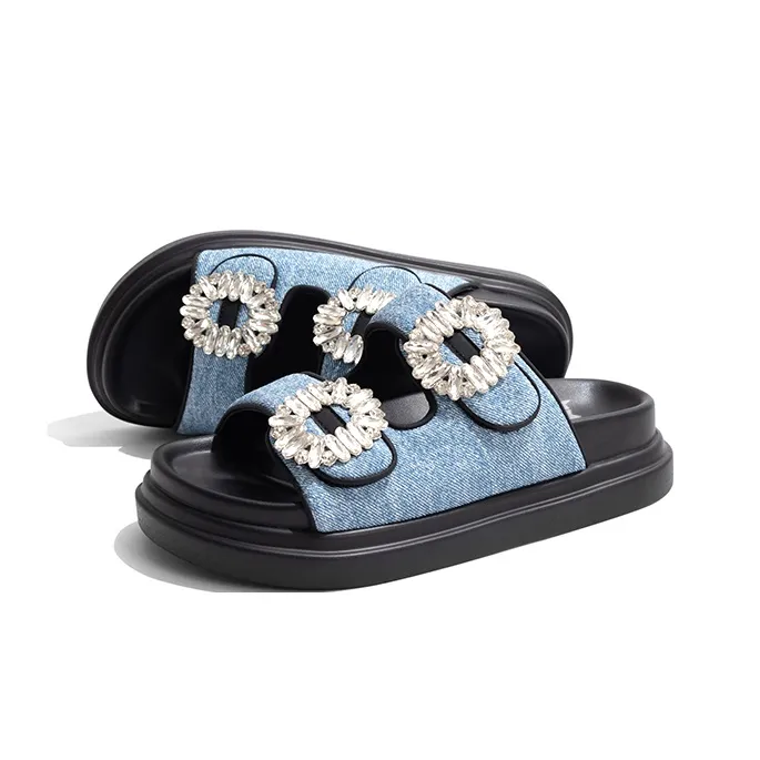 Old Meow Square Diamond Cowboy Thick Sole Slide Slippers 4cm Women's Blue-1