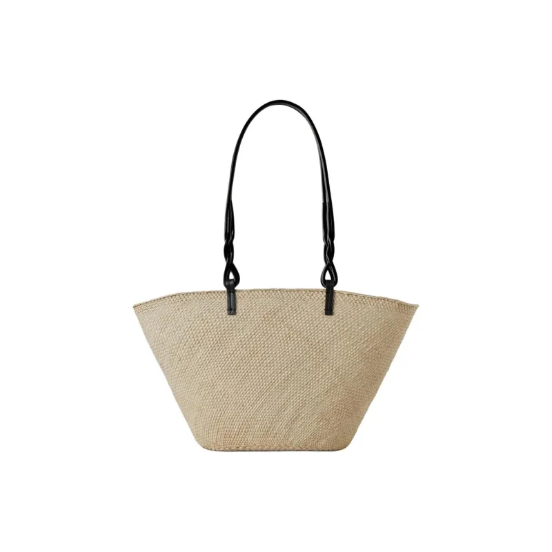 Mulberry Raffia With Thick Cow Leather Tote Bag Shopping Bag Shoulder Bag Handbag Women's Earth Tone/Black-2