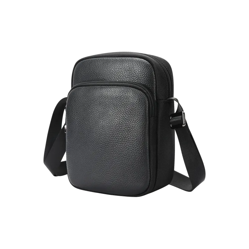 BOPAI Top Grain Cow Leather Shoulder Bag Men's Black-0