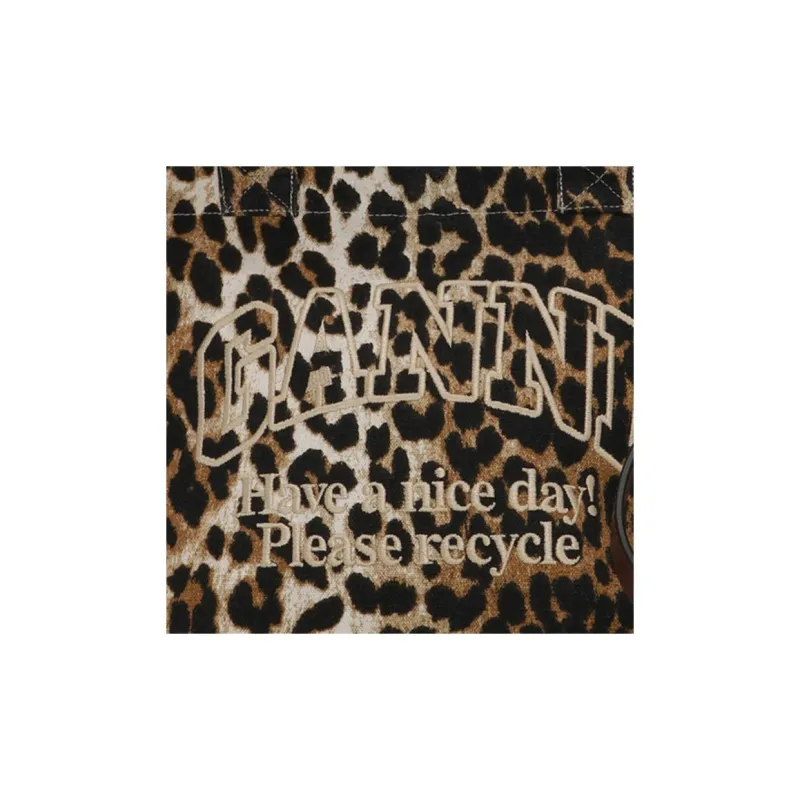 GANNI Recycled Cotton Tote Bag Shopping Bag Shoulder Bag Crossbody Bag Handbag Small Size Women's Leopard Print-3