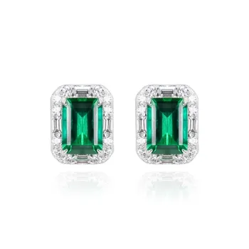 FUNNXI S925 Silver, Rhodium Plated Gold, Synthetic Emerald Stud Earrings Women's