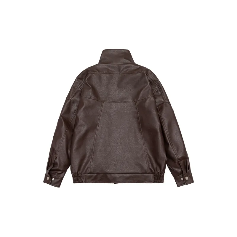 REFAMES Spring And Fall Leather Jacket Unisex Brown-1