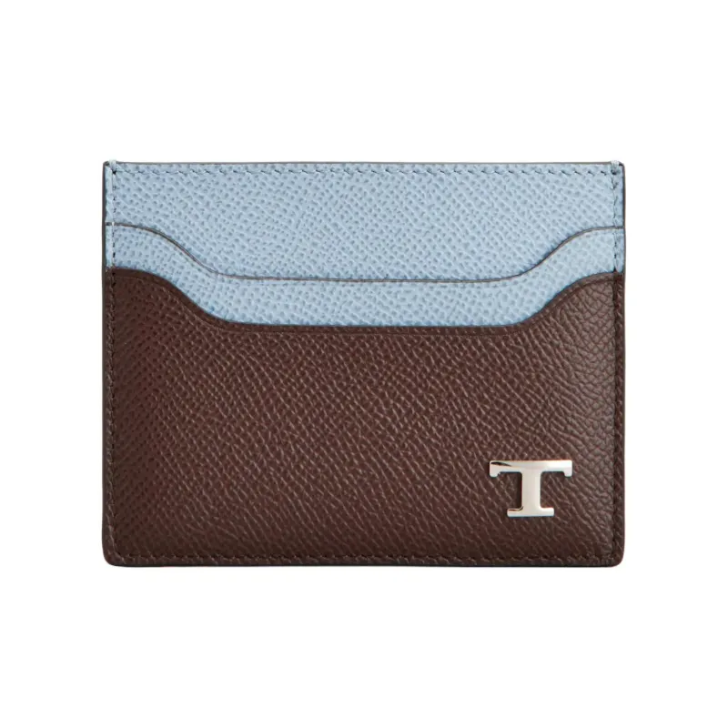 TOD'S Calfskin Card Holder Men's Brown & Sky Blue-0