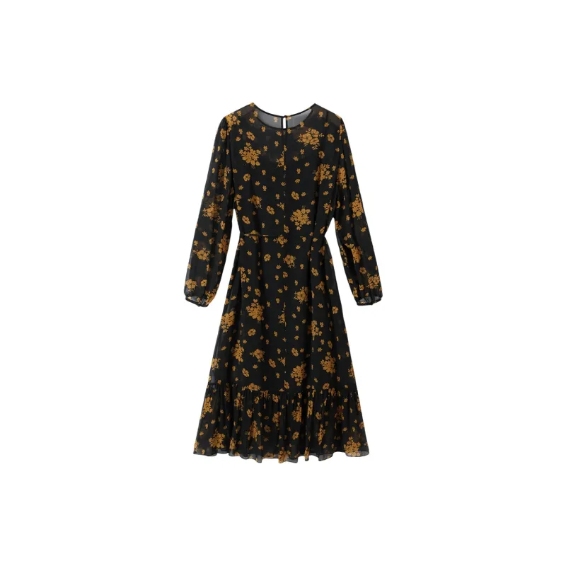 H-YXIANG Long-Sleeved Dresses Women's Black Background With Yellow Flowers-1