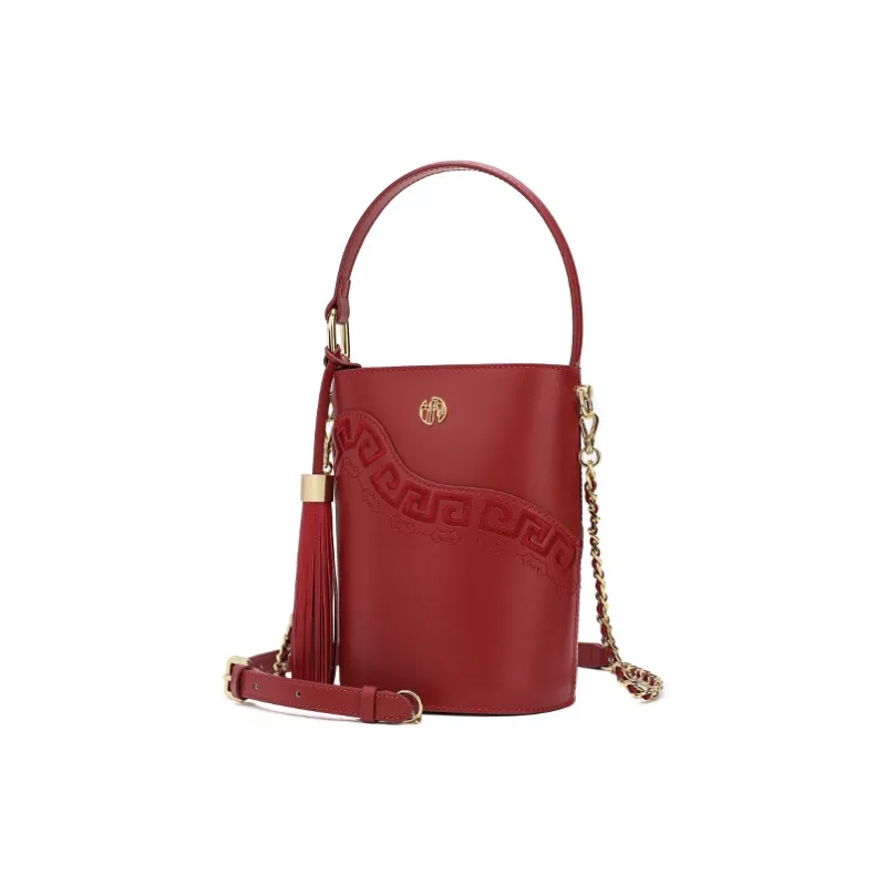 Ancient Yi Xi Cow Leather Bucket Bag, Crossbody Bag, Handbag Women's Vintage Red-1