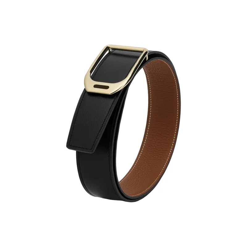 HERMES Jockey Metal Leather Belts Men's Black Width 3.8cm-2