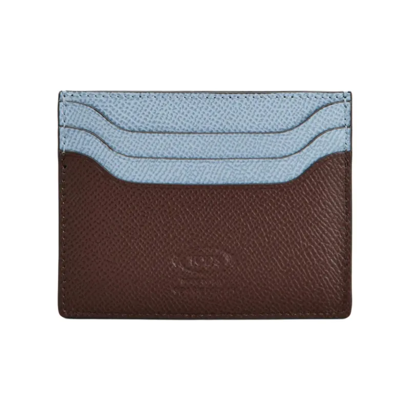 TOD'S Calfskin Card Holder Men's Brown & Sky Blue-1