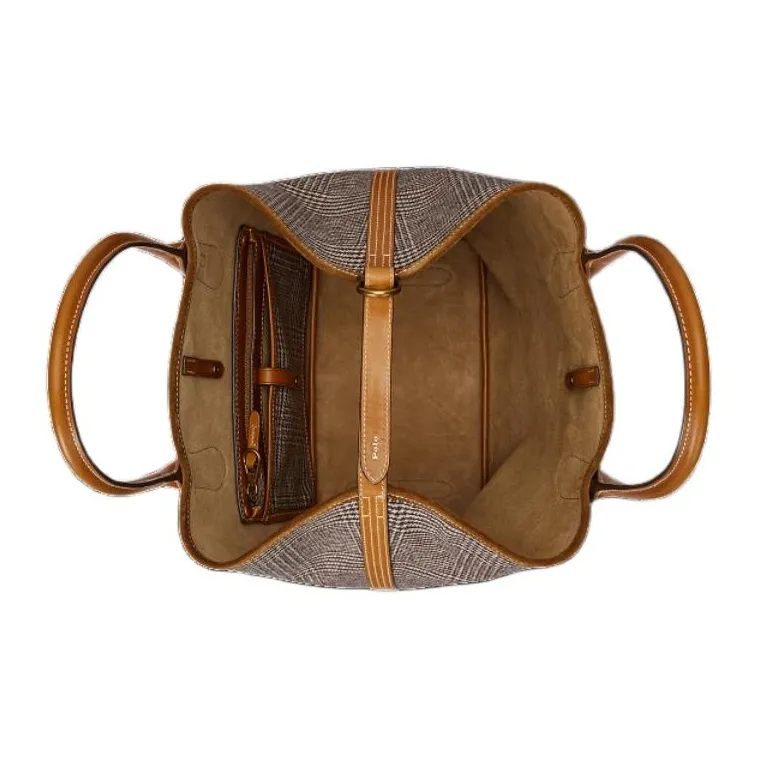 Polo Ralph Lauren Bellport Fabric Tote Bag Shopping Bag Shoulder Bag Crossbody Bag Handbag Medium Size Women's Brown-3