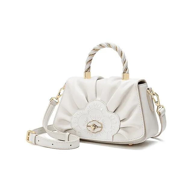 Ancient Yi Xi Cow Leather Woven Portable Design, Vintage Cheongsam Shoulder Bag, Crossbody Bag Women's Euryale White-1