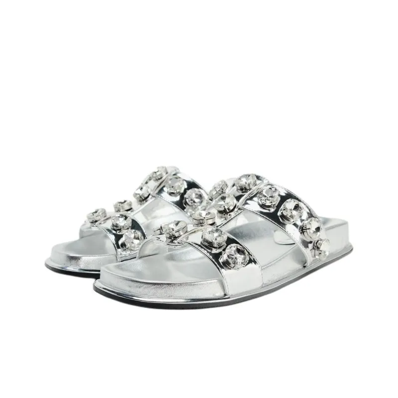 ZARA Trf Slip-Resistant Abrasion-Resistant Slide Slippers Women's Silver-3