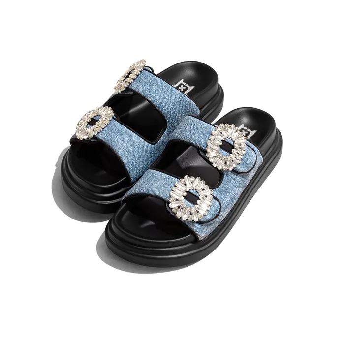 Old Meow Square Diamond Cowboy Thick Sole Slide Slippers 4cm Women's Blue-3
