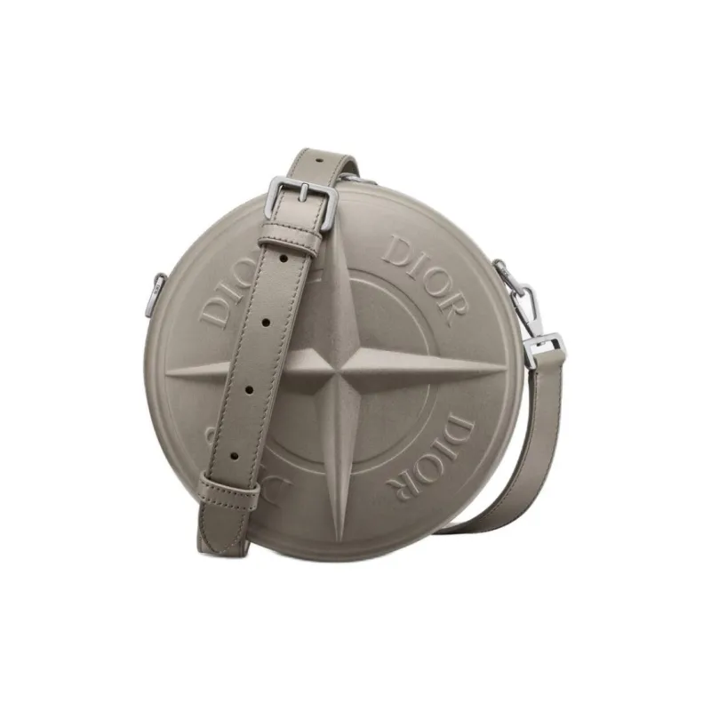 DIOR STONE ISLAND Cow Leather Small Round Bag, Shoulder Bag, Crossbody Bag Men's Gray-0