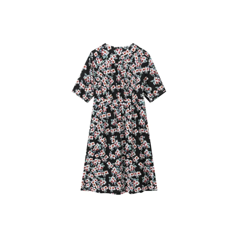 H-YXIANG Short-Sleeved Dresses Women's Black Background With Flowers-1