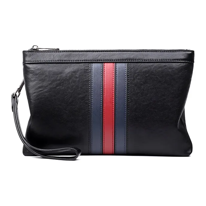 PESASRIE Top Grain Cow Leather Wallets Clutches Men's Black-0