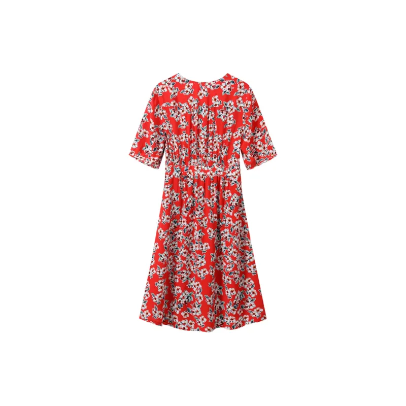 H-YXIANG Short-Sleeved Dresses Women's Black Background With Flowers-1