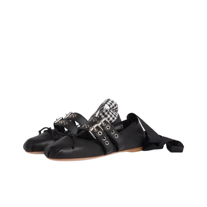 MIU MIU Buckled Leather Ballerina Shoes-3