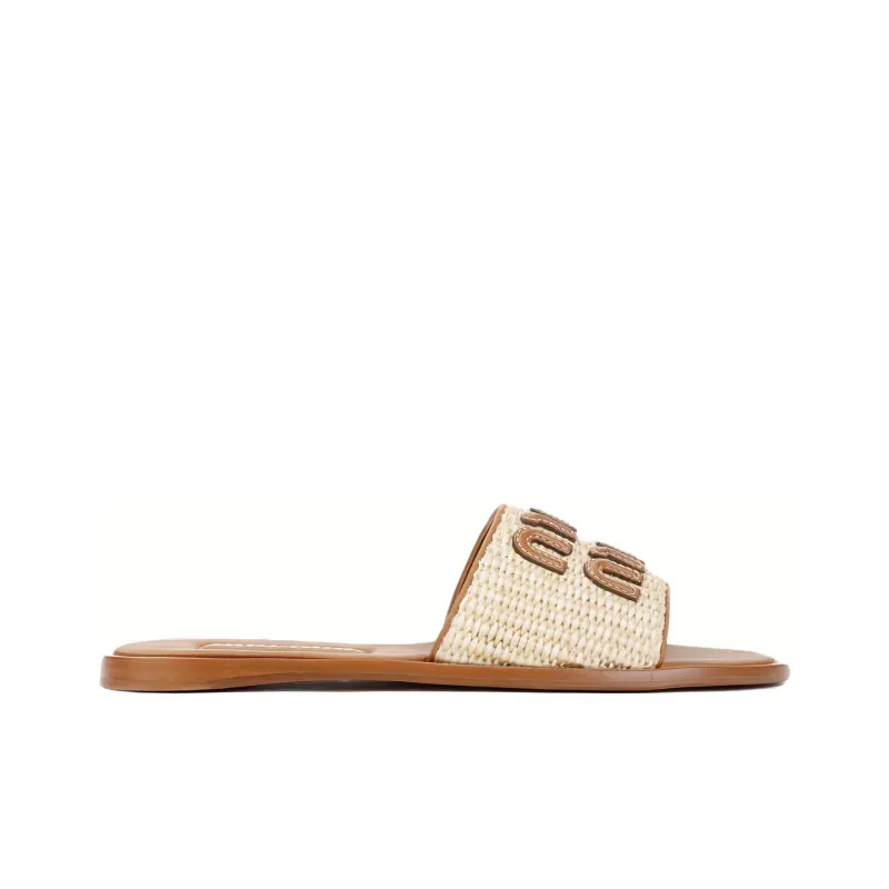 MIU MIU Logo patch Raffia Slides-1