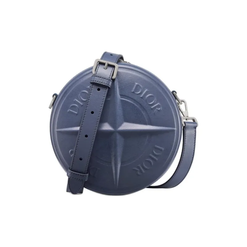DIOR STONE ISLAND Smooth Cow Leather Small Round Bag, Shoulder Bag, Crossbody Bag Men's Blue-0