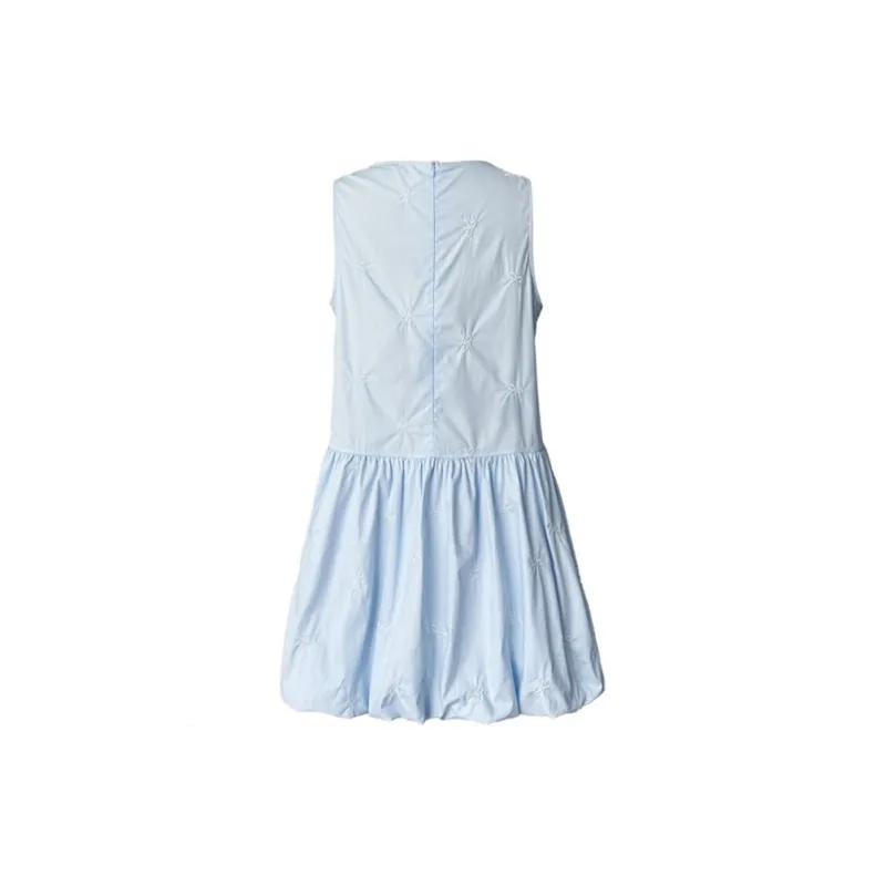 TIBINB Sleeveless Dress Women's Milk Blue Embroidery Bowknot-1